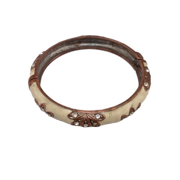 Vintage Enamel & Rhinestone Bangle Bracelet Hinged Art Deco Style Cream Copper - Picture 3 of 11
